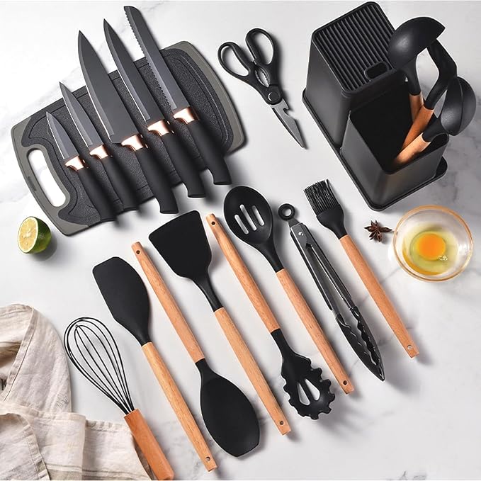Kitchen Utensils Set & Knife Set With Block, 19 Piece All-in-One Cooking Set, 12 Nonstick Silicone Utensils + 5 Sharp Stainless Steel Chef Knives + Cutting Board, Dishwasher Safe Gift Set - Image 4